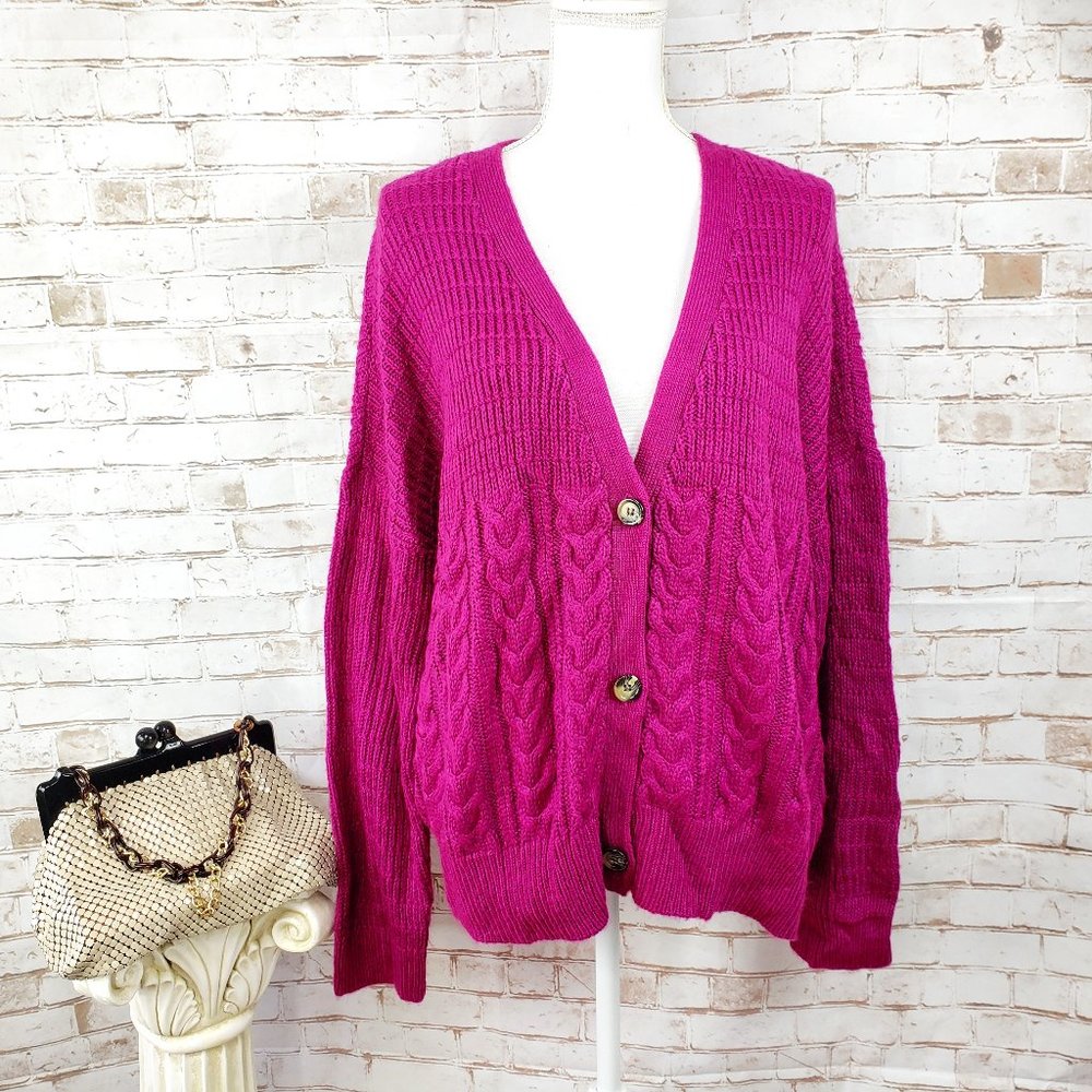 NWT Splendid Sz L Fuchsia Pink Cable Knit Button Front Cardigan Sweater RP $188